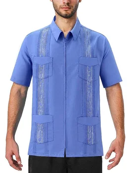 Heren Korte Mouw Cubaanse Guayabera Shirts Volledige Rits aan de Voorkant Mexicaanse Hawaiian Shirt met Rits