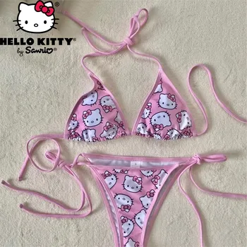 Sanrio Hello Kitty Sexy Bikini Badmode Twee Stuk Zwemkleding Vrouw 2023 Nieuwe Leuke Y2k Push-Up Beha Cartoon Hete Meisje Beachwear
