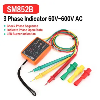 SM852B 3 Fase Rotatie Tester Digitale Fase Indicator Detector LED Buzzer fasevolgorde Meter Voltage Tester Tools 60V~600V AC