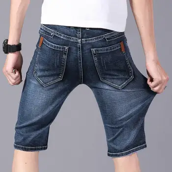 Stretch Blue Denim Shorts Voor De Mens Van Goede Kwaliteit Man Katoenen Casual Dunne Korte Broek Jeans Nieuw Zomer De Mens Straight Fit Knie-Lengte Jeans