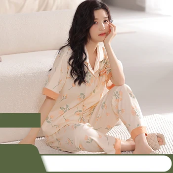 Chinese Stijl Bloemen Print Hars Knoppen Vrouwen Nachtkleding 100% Katoen Losse Ademend Loungewear Mode Pyjama Pyjama Sets
