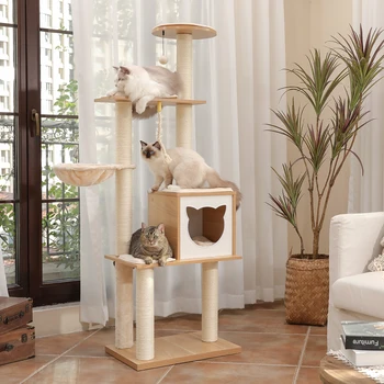 Multi-Level Hout krabpaal met krabpaal met Hangmat Zomer Cat Tower Kat Condo Kitten Bed Meubels Speelgoed Pet Items