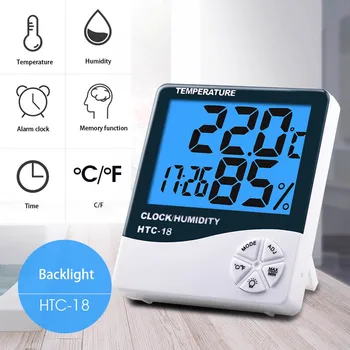 HTC-1 HTC-18 LCD-Digitale Temperatuur-Vochtigheid Meter Home Indoor Outdoor Hygrometer Thermometer, weerstation met Klok