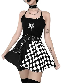 Y2k Gothic Rok Met Hoge Taille Zwarte Geplooide Rok Plaid Rok Een Lijn Mini Rok Skater Skirt Tartan Rok Lolita Punk Harajuka