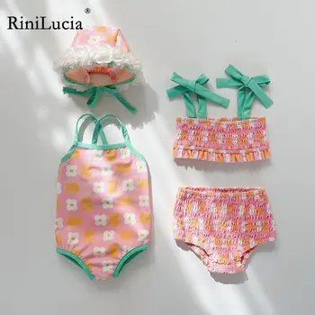 RiniLucia Zomer Pasgeboren Baby Meisjes Split Zwempakken Bloemen Koreaanse Stijl Strand Vakantie Zuigelingen Geplooide Badmode Kinderkleding