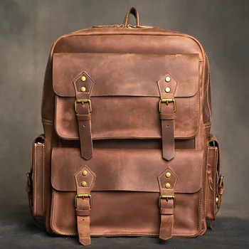 Heren Lederen Rugzak Vintage Eerste Laag Koeienhuid Rugzak Leisure Travel Bag met een Grote Capaciteit Laptop Tas Voor 17inch