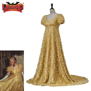 Bridgerton Daphne Cosplay Kostuum Gouden Jurk Lace Hoge Taille Regency Tijdperk baljurk Kostuum Tea Party Dress voor Volwassen Vrouwen