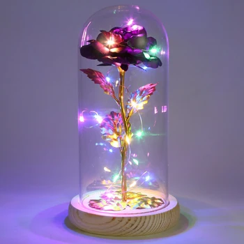 Goud Folie Galaxy LED-Rose Nacht Licht Valentijnsdag kunstbloem Tafel Lamp met 3 Standen Rose Bloemen In Glas Bruiloft