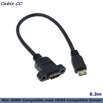 30cm Mini-HDMI-Compatibele Male-HDMI-Compatibele Vrouwelijke Uitbreiding Connector Schroef Slot Panel Mount HD AV-Camera Kabel