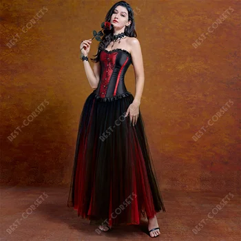 Rood Korset Jurk Met Sexy Plus Size Gothic Korset Rok feestavond Mesh Maxi-Jurk Elegante Corset Jurken voor Vrouwen