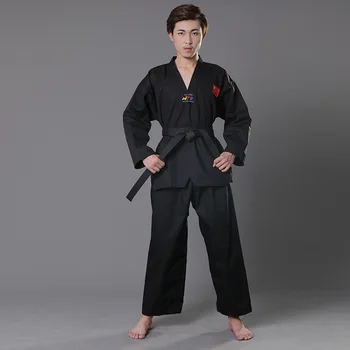 Professionele Zwarte Karate Uniform Tailleband met Riem Taekwondo Pak Voor Volwassenen Kinderen Vrouwen Mannen Kung Fu Training Gym Kleding