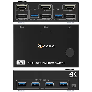 DP-HDMI-USB 3.0 KVM Switch 2-Computer 2 Monitors, twee Monitoren met Displayport KVM-Switcher Ondersteunt 4K@60Hz voor 2 Computers