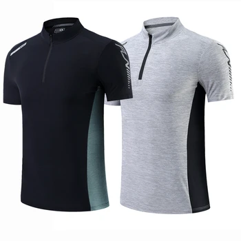 Zomer Ademend Korte Mouw Rits kraag Mannen lopen Fitness t-shirt elastische Snel Droog Sport Bodybuilding Training Shirts