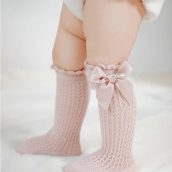 Nieuwe Zomer Het Meisje Van De Baby Sokken Schattige Grote Bogen Zacht Elastisch Katoen Effen Kleur Mesh Pasgeboren Sokken Knie Hoge Lange Peuter Meisje Sokken