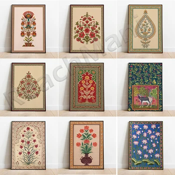 Indiase Folk Art, Bloemenprint, Indiase Herten, Indiase Vintage Stof Canvas Afdrukken, Pichwai Schilderij, Kunst Aan De Muur Poster