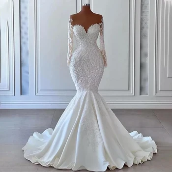 Ivory Wedding Dress Luxe Applique Pure Tule Hals Zeemeermin Bruidsjurken voor Bruid Lange Mouwen Satijnen Elegante Bruids Jurken