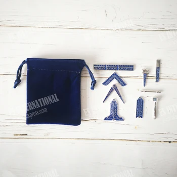 Set van 9 verschillende Blauwe Vrijmetselarij werkinstrumenten Badge met fluwelen Tas Mason Vrijmetselaar Miniatuur Vrijmetselaar Geschenken
