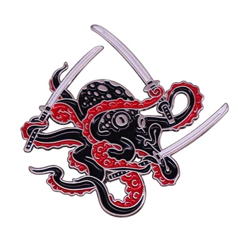 Octopus Zwaardvechter Pin Black Samurai Broche Grappig Badge