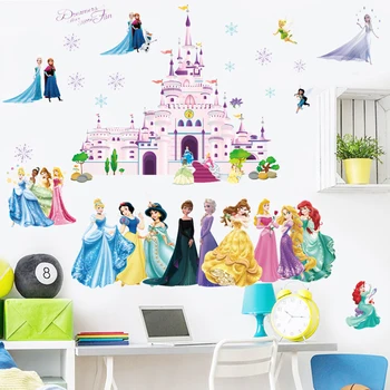 Kasteel Mooie Tekenfilm sneeuwwitje Aurora Cinderella bevroren Prinses muurstickers Voor de kinderkamer Thuis Muurschilderingen Meisjes Muur Stickers