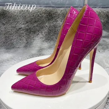 Tikicup Purple Croc-Effect Vrouwen Sexy Patroon Extreem Hoge Hakken Slip Op Puntige Teen Stiletto Pumps Dames Chique Party Schoenen
