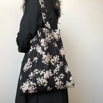 Youda 2022 Vrouwen koreaanse Ins Fashion schoudertas van Katoen Handtas Zwart Cherry Blossom Dames Retro Studenten Boek het Winkelen de Zakken