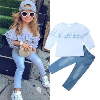 1-6Y Kids Baby Meisje Kleding Sets Blauw Lange Mouw Roes T-Shirt Tops +Denim Broek Jeans Outfits Kids Herfst Kleding