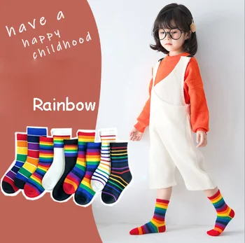 Chique Kinderen Kid Unisex Katoen Regenboog Sokken Voor Jongens Meisjes Harajuku Peuter Baby Kleurrijke Streep Gebreide Sokken Sox Sock.1-8T