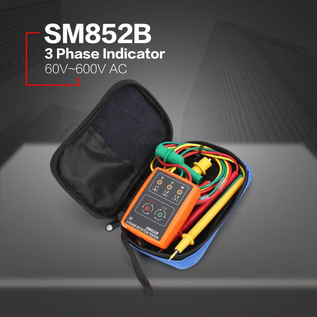 SM852B 3 Fase Rotatie Tester Digitale Fase Indicator Detector LED Buzzer fasevolgorde Meter Voltage Tester Tools 60V~600V AC